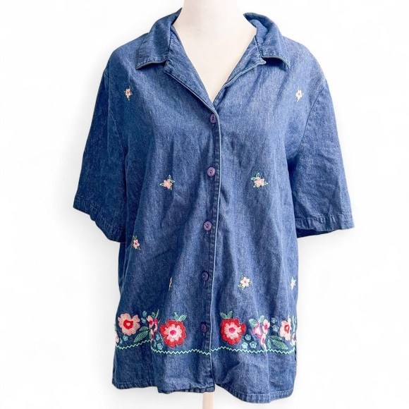 Embroidered Denim Button-Up Shirt Allison Daley - Picture 1 of 8